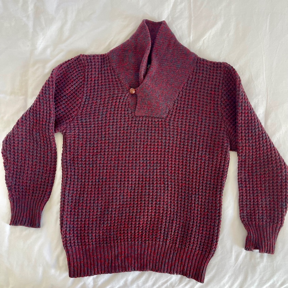 Vintage Woolrich Shawl Collar Waffle Knit Pullover Sweater Red Wooden Button L